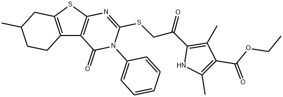 ethyl 2,4-dimethyl-5-{[(7-methyl-4-oxo-3-phenyl-3,4,5,6,7,8-hexahydro[1]benzothieno[2,3-d]pyrimidin-2-yl)sulfanyl]acetyl}-1H-pyrrole-3-carboxylate Struktur