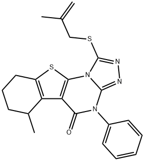 6-methyl-1-[(2-methylprop-2-enyl)sulfanyl]-4-phenyl-6,7,8,9-tetrahydro[1]benzothieno[3,2-e][1,2,4]triazolo[4,3-a]pyrimidin-5(4H)-one Struktur