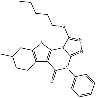 8-methyl-1-(pentylsulfanyl)-4-phenyl-6,7,8,9-tetrahydro[1]benzothieno[3,2-e][1,2,4]triazolo[4,3-a]pyrimidin-5(4H)-one Struktur