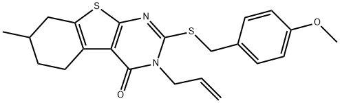 3-allyl-2-[(4-methoxybenzyl)sulfanyl]-7-methyl-5,6,7,8-tetrahydro[1]benzothieno[2,3-d]pyrimidin-4(3H)-one Struktur