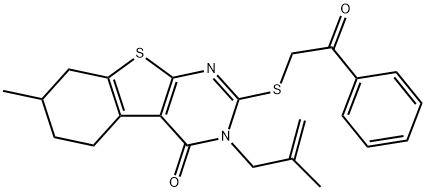 7-methyl-3-(2-methyl-2-propenyl)-2-[(2-oxo-2-phenylethyl)sulfanyl]-5,6,7,8-tetrahydro[1]benzothieno[2,3-d]pyrimidin-4(3H)-one Struktur