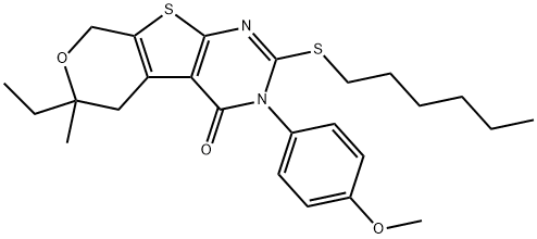 6-ethyl-2-(hexylsulfanyl)-3-(4-methoxyphenyl)-6-methyl-3,5,6,8-tetrahydro-4H-pyrano[4',3':4,5]thieno[2,3-d]pyrimidin-4-one Struktur