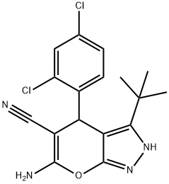 6-amino-3-tert-butyl-4-(2,4-dichlorophenyl)-1,4-dihydropyrano[2,3-c]pyrazole-5-carbonitrile Struktur