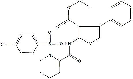 ethyl 2-[({1-[(4-chlorophenyl)sulfonyl]-2-piperidinyl}carbonyl)amino]-4-phenyl-3-thiophenecarboxylate Struktur