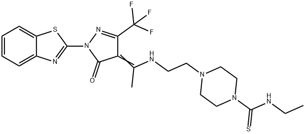 4-[2-({1-[1-(1,3-benzothiazol-2-yl)-5-oxo-3-(trifluoromethyl)-1,5-dihydro-4H-pyrazol-4-ylidene]ethyl}amino)ethyl]-N-ethyl-1-piperazinecarbothioamide Struktur