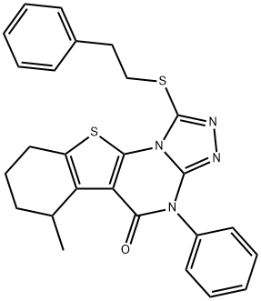 6-methyl-4-phenyl-1-[(2-phenylethyl)sulfanyl]-6,7,8,9-tetrahydro[1]benzothieno[3,2-e][1,2,4]triazolo[4,3-a]pyrimidin-5(4H)-one Struktur