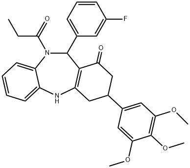 11-(3-fluorophenyl)-10-propionyl-3-(3,4,5-trimethoxyphenyl)-2,3,4,5,10,11-hexahydro-1H-dibenzo[b,e][1,4]diazepin-1-one Struktur