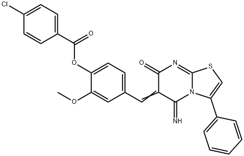 4-[(5-imino-7-oxo-3-phenyl-5H-[1,3]thiazolo[3,2-a]pyrimidin-6(7H)-ylidene)methyl]-2-methoxyphenyl 4-chlorobenzoate Struktur