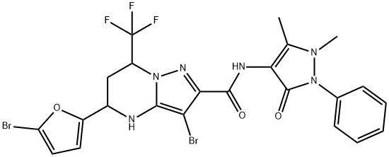 3-bromo-5-(5-bromo-2-furyl)-N-(1,5-dimethyl-3-oxo-2-phenyl-2,3-dihydro-1H-pyrazol-4-yl)-7-(trifluoromethyl)-4,5,6,7-tetrahydropyrazolo[1,5-a]pyrimidine-2-carboxamide Struktur