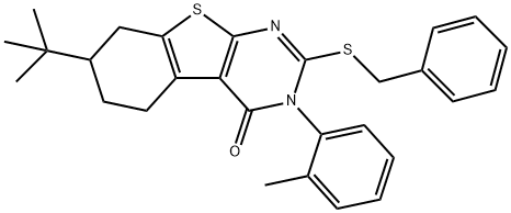 2-(benzylsulfanyl)-7-tert-butyl-3-(2-methylphenyl)-5,6,7,8-tetrahydro[1]benzothieno[2,3-d]pyrimidin-4(3H)-one Struktur