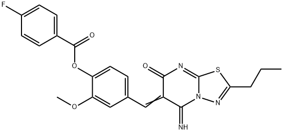 4-[(5-imino-7-oxo-2-propyl-5H-[1,3,4]thiadiazolo[3,2-a]pyrimidin-6(7H)-ylidene)methyl]-2-methoxyphenyl 4-fluorobenzoate Struktur