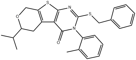 2-(benzylsulfanyl)-6-isopropyl-3-(2-methylphenyl)-3,5,6,8-tetrahydro-4H-pyrano[4',3':4,5]thieno[2,3-d]pyrimidin-4-one Struktur