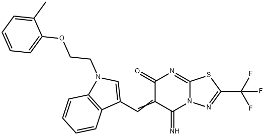 5-imino-6-({1-[2-(2-methylphenoxy)ethyl]-1H-indol-3-yl}methylene)-2-(trifluoromethyl)-5,6-dihydro-7H-[1,3,4]thiadiazolo[3,2-a]pyrimidin-7-one Struktur