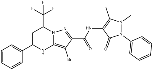 3-bromo-N-(1,5-dimethyl-3-oxo-2-phenyl-2,3-dihydro-1H-pyrazol-4-yl)-5-phenyl-7-(trifluoromethyl)-4,5,6,7-tetrahydropyrazolo[1,5-a]pyrimidine-2-carboxamide Struktur