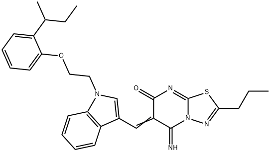 6-({1-[2-(2-sec-butylphenoxy)ethyl]-1H-indol-3-yl}methylene)-5-imino-2-propyl-5,6-dihydro-7H-[1,3,4]thiadiazolo[3,2-a]pyrimidin-7-one Struktur