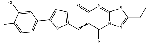 6-{[5-(3-chloro-4-fluorophenyl)-2-furyl]methylene}-2-ethyl-5-imino-5,6-dihydro-7H-[1,3,4]thiadiazolo[3,2-a]pyrimidin-7-one Struktur