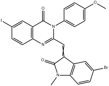 2-[(5-bromo-1-methyl-2-oxo-1,2-dihydro-3H-indol-3-ylidene)methyl]-6-iodo-3-(4-methoxyphenyl)-4(3H)-quinazolinone Struktur