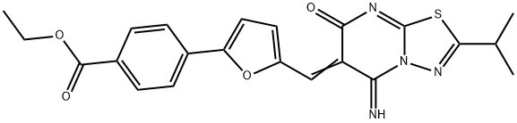 ethyl 4-{5-[(5-imino-2-isopropyl-7-oxo-5H-[1,3,4]thiadiazolo[3,2-a]pyrimidin-6(7H)-ylidene)methyl]-2-furyl}benzoate Struktur