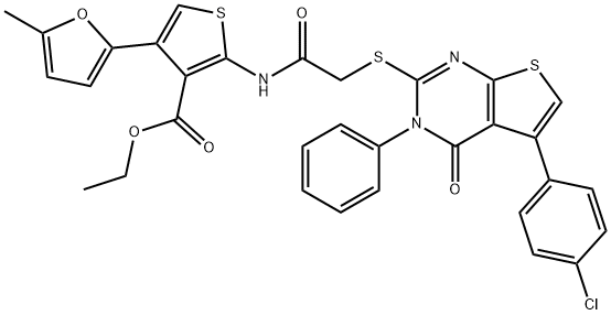 ethyl 2-[({[5-(4-chlorophenyl)-4-oxo-3-phenyl-3,4-dihydrothieno[2,3-d]pyrimidin-2-yl]sulfanyl}acetyl)amino]-4-(5-methyl-2-furyl)-3-thiophenecarboxylate Struktur