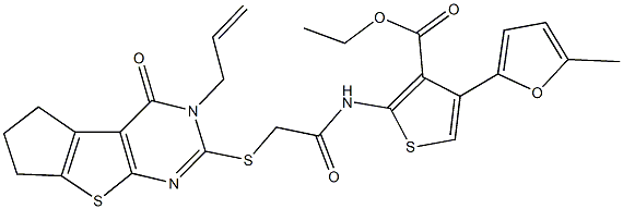 ethyl 2-({[(3-allyl-4-oxo-3,5,6,7-tetrahydro-4H-cyclopenta[4,5]thieno[2,3-d]pyrimidin-2-yl)sulfanyl]acetyl}amino)-4-(5-methyl-2-furyl)-3-thiophenecarboxylate Struktur