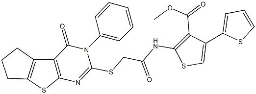 methyl 2-({[(4-oxo-3-phenyl-3,5,6,7-tetrahydro-4H-cyclopenta[4,5]thieno[2,3-d]pyrimidin-2-yl)sulfanyl]acetyl}amino)-2',4-bithiophene-3-carboxylate Struktur