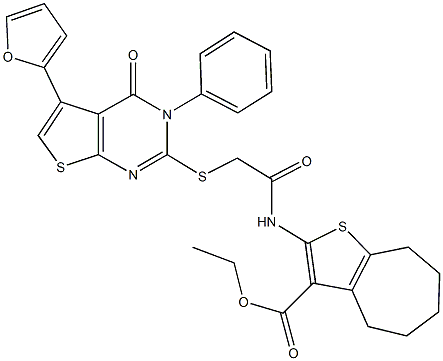 ethyl 2-[({[5-(2-furyl)-4-oxo-3-phenyl-3,4-dihydrothieno[2,3-d]pyrimidin-2-yl]sulfanyl}acetyl)amino]-5,6,7,8-tetrahydro-4H-cyclohepta[b]thiophene-3-carboxylate Struktur