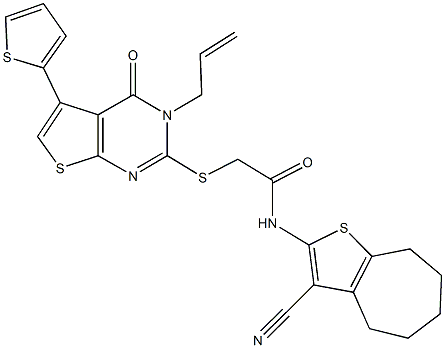 2-{[3-allyl-4-oxo-5-(2-thienyl)-3,4-dihydrothieno[2,3-d]pyrimidin-2-yl]sulfanyl}-N-(3-cyano-5,6,7,8-tetrahydro-4H-cyclohepta[b]thien-2-yl)acetamide Struktur