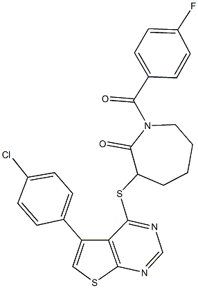 3-{[5-(4-chlorophenyl)thieno[2,3-d]pyrimidin-4-yl]sulfanyl}-1-(4-fluorobenzoyl)-2-azepanone Struktur