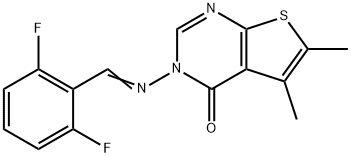 3-[(2,6-difluorobenzylidene)amino]-5,6-dimethylthieno[2,3-d]pyrimidin-4(3H)-one Struktur