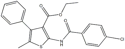 ethyl 2-[(4-chlorobenzoyl)amino]-5-methyl-4-phenyl-3-thiophenecarboxylate Struktur