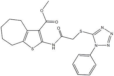 methyl 2-({[(1-phenyl-1H-tetraazol-5-yl)sulfanyl]acetyl}amino)-5,6,7,8-tetrahydro-4H-cyclohepta[b]thiophene-3-carboxylate Struktur