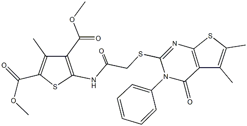 dimethyl 5-({[(5,6-dimethyl-4-oxo-3-phenyl-3,4-dihydrothieno[2,3-d]pyrimidin-2-yl)sulfanyl]acetyl}amino)-3-methyl-2,4-thiophenedicarboxylate Struktur