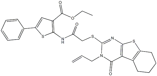 ethyl 2-({[(3-allyl-4-oxo-3,4,5,6,7,8-hexahydro[1]benzothieno[2,3-d]pyrimidin-2-yl)sulfanyl]acetyl}amino)-5-phenyl-3-thiophenecarboxylate Struktur