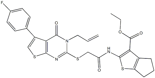 ethyl 2-[({[3-allyl-5-(4-fluorophenyl)-4-oxo-3,4-dihydrothieno[2,3-d]pyrimidin-2-yl]sulfanyl}acetyl)amino]-5,6-dihydro-4H-cyclopenta[b]thiophene-3-carboxylate Struktur