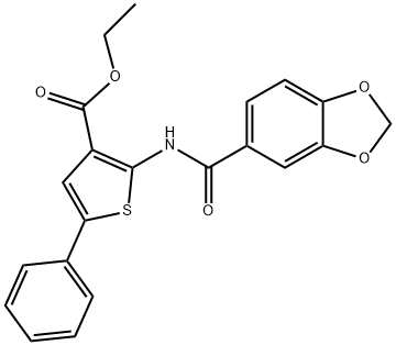 ethyl 2-[(1,3-benzodioxol-5-ylcarbonyl)amino]-5-phenyl-3-thiophenecarboxylate Struktur