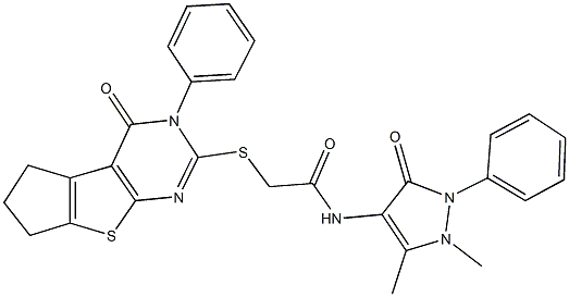 N-(1,5-dimethyl-3-oxo-2-phenyl-2,3-dihydro-1H-pyrazol-4-yl)-2-[(4-oxo-3-phenyl-3,5,6,7-tetrahydro-4H-cyclopenta[4,5]thieno[2,3-d]pyrimidin-2-yl)sulfanyl]acetamide Struktur