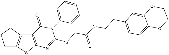 N-[2-(2,3-dihydro-1,4-benzodioxin-6-yl)ethyl]-2-[(4-oxo-3-phenyl-3,5,6,7-tetrahydro-4H-cyclopenta[4,5]thieno[2,3-d]pyrimidin-2-yl)sulfanyl]acetamide Struktur