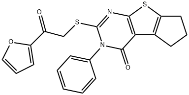 2-{[2-(2-furyl)-2-oxoethyl]sulfanyl}-3-phenyl-3,5,6,7-tetrahydro-4H-cyclopenta[4,5]thieno[2,3-d]pyrimidin-4-one Struktur