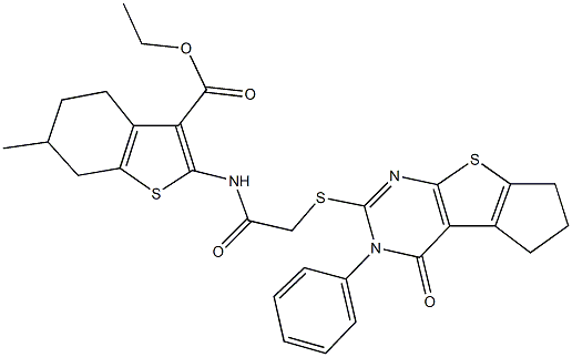 ethyl 6-methyl-2-({[(4-oxo-3-phenyl-3,5,6,7-tetrahydro-4H-cyclopenta[4,5]thieno[2,3-d]pyrimidin-2-yl)sulfanyl]acetyl}amino)-4,5,6,7-tetrahydro-1-benzothiophene-3-carboxylate Struktur