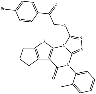 1-{[2-(4-bromophenyl)-2-oxoethyl]sulfanyl}-4-(2-methylphenyl)-7,8-dihydro-6H-cyclopenta[4,5]thieno[3,2-e][1,2,4]triazolo[4,3-a]pyrimidin-5(4H)-one Struktur