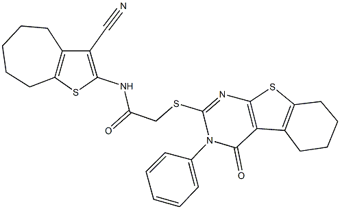 N-(3-cyano-5,6,7,8-tetrahydro-4H-cyclohepta[b]thien-2-yl)-2-[(4-oxo-3-phenyl-3,4,5,6,7,8-hexahydro[1]benzothieno[2,3-d]pyrimidin-2-yl)sulfanyl]acetamide Struktur