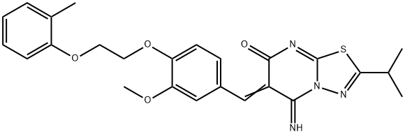 5-imino-2-isopropyl-6-{3-methoxy-4-[2-(2-methylphenoxy)ethoxy]benzylidene}-5,6-dihydro-7H-[1,3,4]thiadiazolo[3,2-a]pyrimidin-7-one Struktur