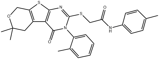 2-{[6,6-dimethyl-3-(2-methylphenyl)-4-oxo-3,5,6,8-tetrahydro-4H-pyrano[4',3':4,5]thieno[2,3-d]pyrimidin-2-yl]sulfanyl}-N-(4-methylphenyl)acetamide Struktur