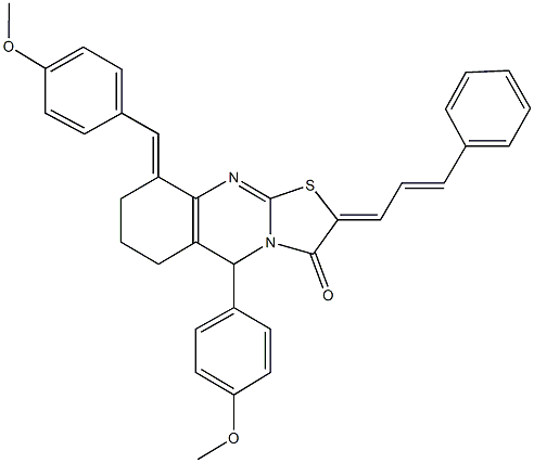 9-(4-methoxybenzylidene)-5-(4-methoxyphenyl)-2-(3-phenyl-2-propenylidene)-6,7,8,9-tetrahydro-5H-[1,3]thiazolo[2,3-b]quinazolin-3(2H)-one Struktur