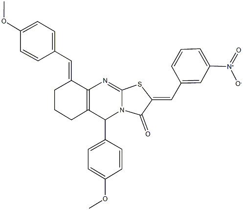 2-{3-nitrobenzylidene}-9-(4-methoxybenzylidene)-5-(4-methoxyphenyl)-6,7,8,9-tetrahydro-5H-[1,3]thiazolo[2,3-b]quinazolin-3(2H)-one Struktur