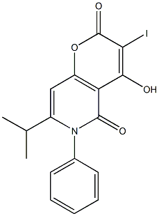 4-hydroxy-3-iodo-7-isopropyl-6-phenyl-2H-pyrano[3,2-c]pyridine-2,5(6H)-dione Struktur