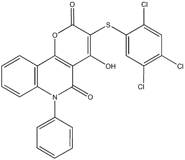 4-hydroxy-6-phenyl-3-[(2,4,5-trichlorophenyl)sulfanyl]-2H-pyrano[3,2-c]quinoline-2,5(6H)-dione Struktur