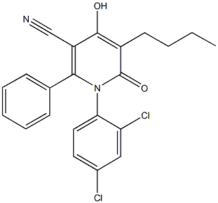 5-butyl-1-(2,4-dichlorophenyl)-4-hydroxy-6-oxo-2-phenyl-1,6-dihydro-3-pyridinecarbonitrile Struktur