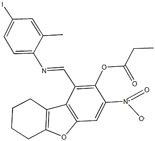 3-nitro-1-{[(4-iodo-2-methylphenyl)imino]methyl}-6,7,8,9-tetrahydrodibenzo[b,d]furan-2-yl propionate Struktur