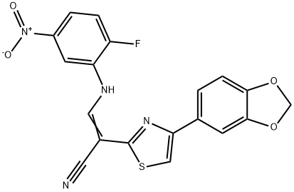 2-[4-(1,3-benzodioxol-5-yl)-1,3-thiazol-2-yl]-3-{2-fluoro-5-nitroanilino}acrylonitrile Struktur